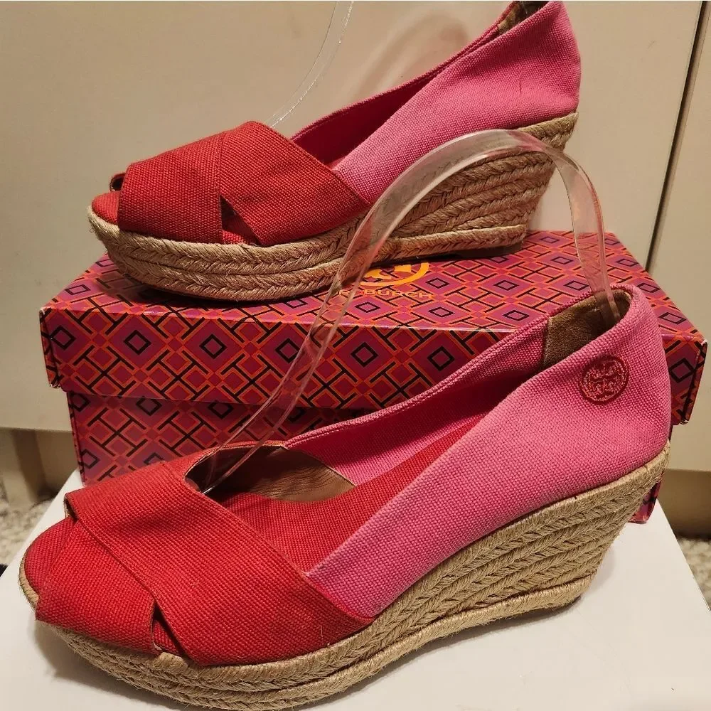 Tory Burch Red/Pink Canvas Peep Toe Wedge Heel Espadrilles Sz.9 $265
